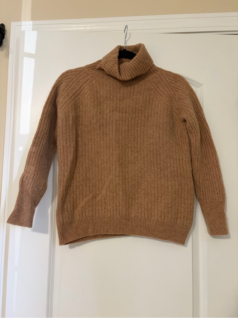 100% Merino Wool Ribbed Camel Turtleneck Sweater